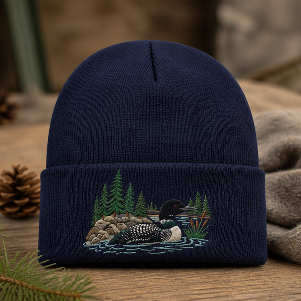 Personalized Common Loon Lake Scene Pine Trees Rocks Cattails Embroidered Beanie