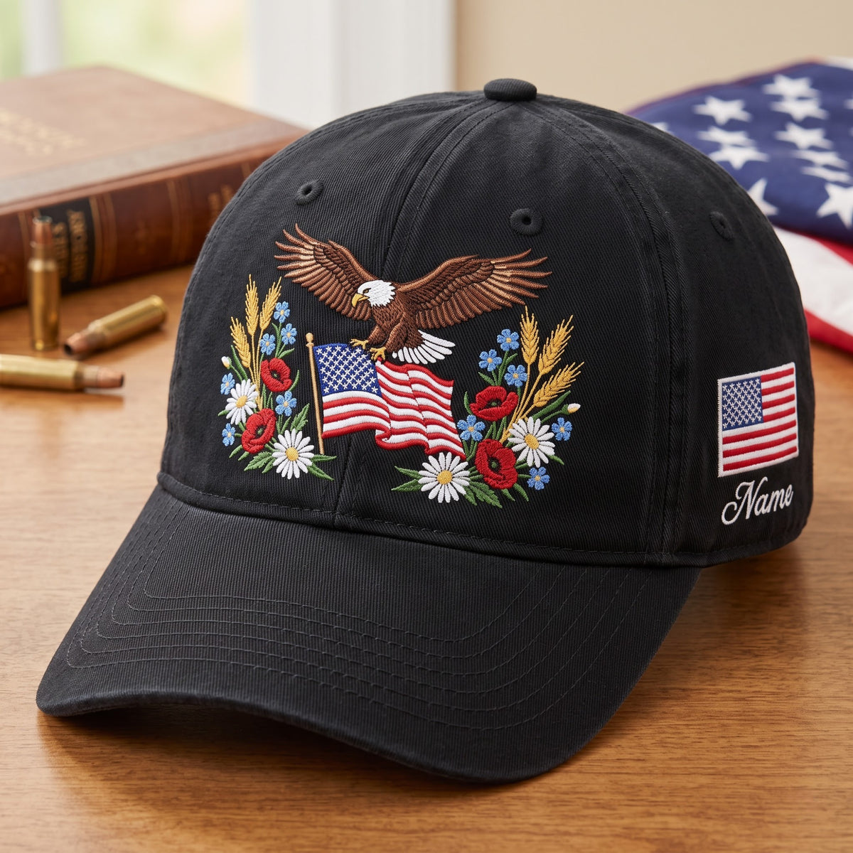 Personalized Bald Eagle American Flag Floral Wreath Patriotic Embroidered Hat — Baseball Cap