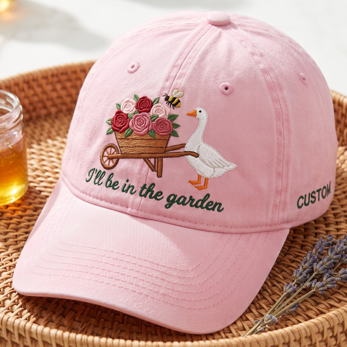 Personalized Goose Wheelbarrow Roses Bee I'll Be In The Garden Embroidered Hat — Baseball Cap