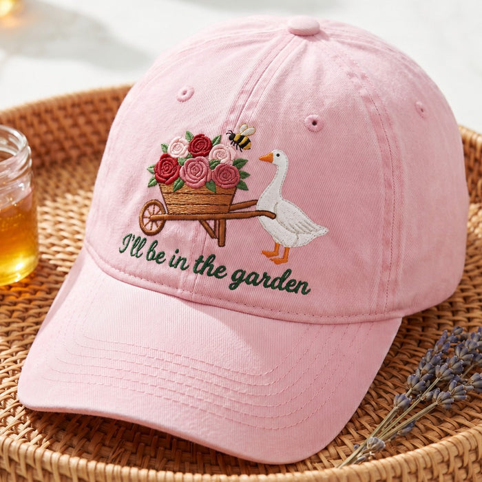 Personalized Goose Wheelbarrow Roses Bee I'll Be In The Garden Embroidered Hat