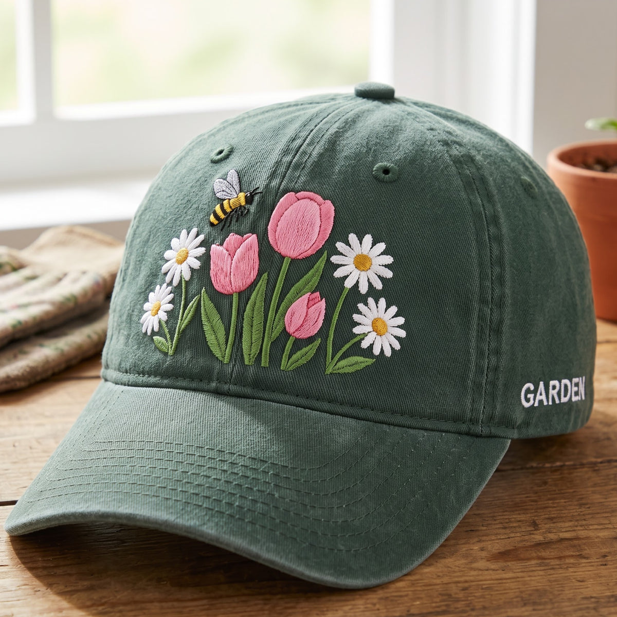 Garden Bee Tulips Daisies Floral Embroidered Hat — Washed Hat