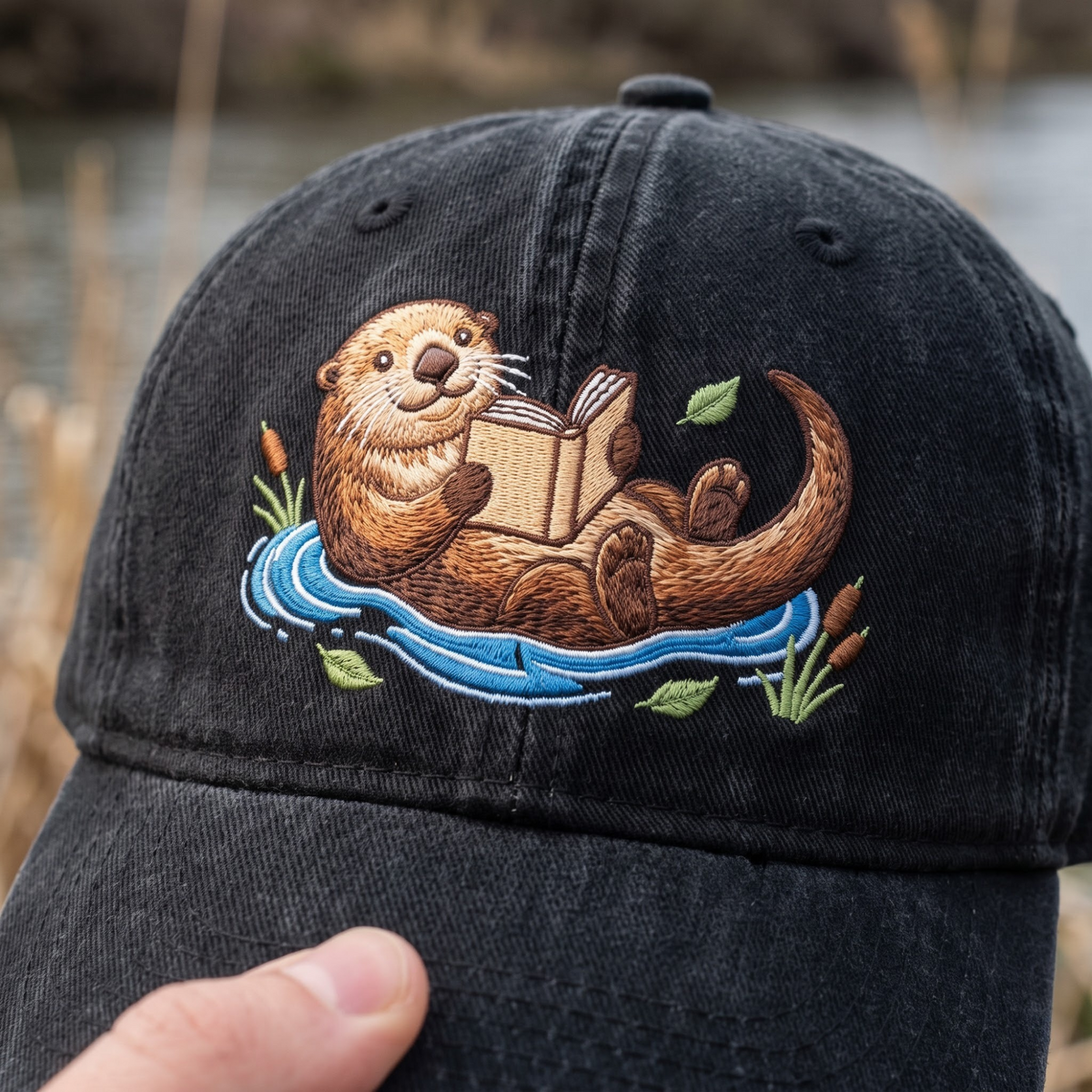 Otter Reading Book Floating River Cattails Leaves Embroidered Hat — Washed Hat