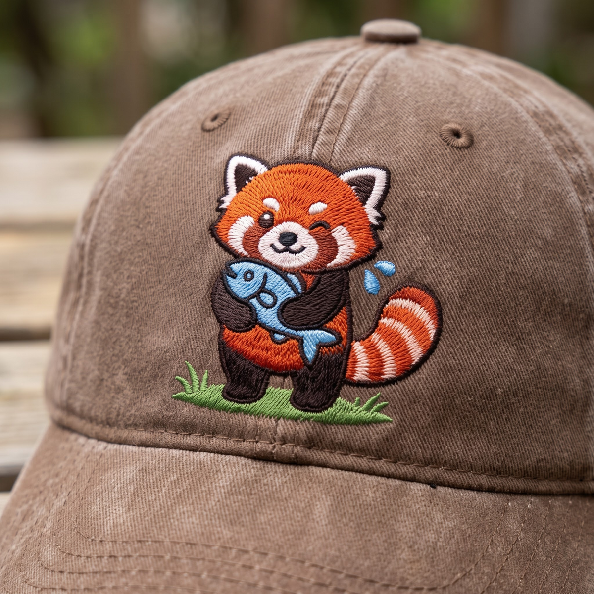 Red Panda Holding Fish Cute Kawaii Embroidered Hat — Washed Hat