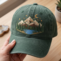Mountain Lake Pine Trees Crescent Moon Stars Nature Landscape Embroidered Hat — Washed Hat