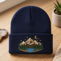 Mountain Lake Pine Trees Crescent Moon Stars Nature Landscape Embroidered Beanie