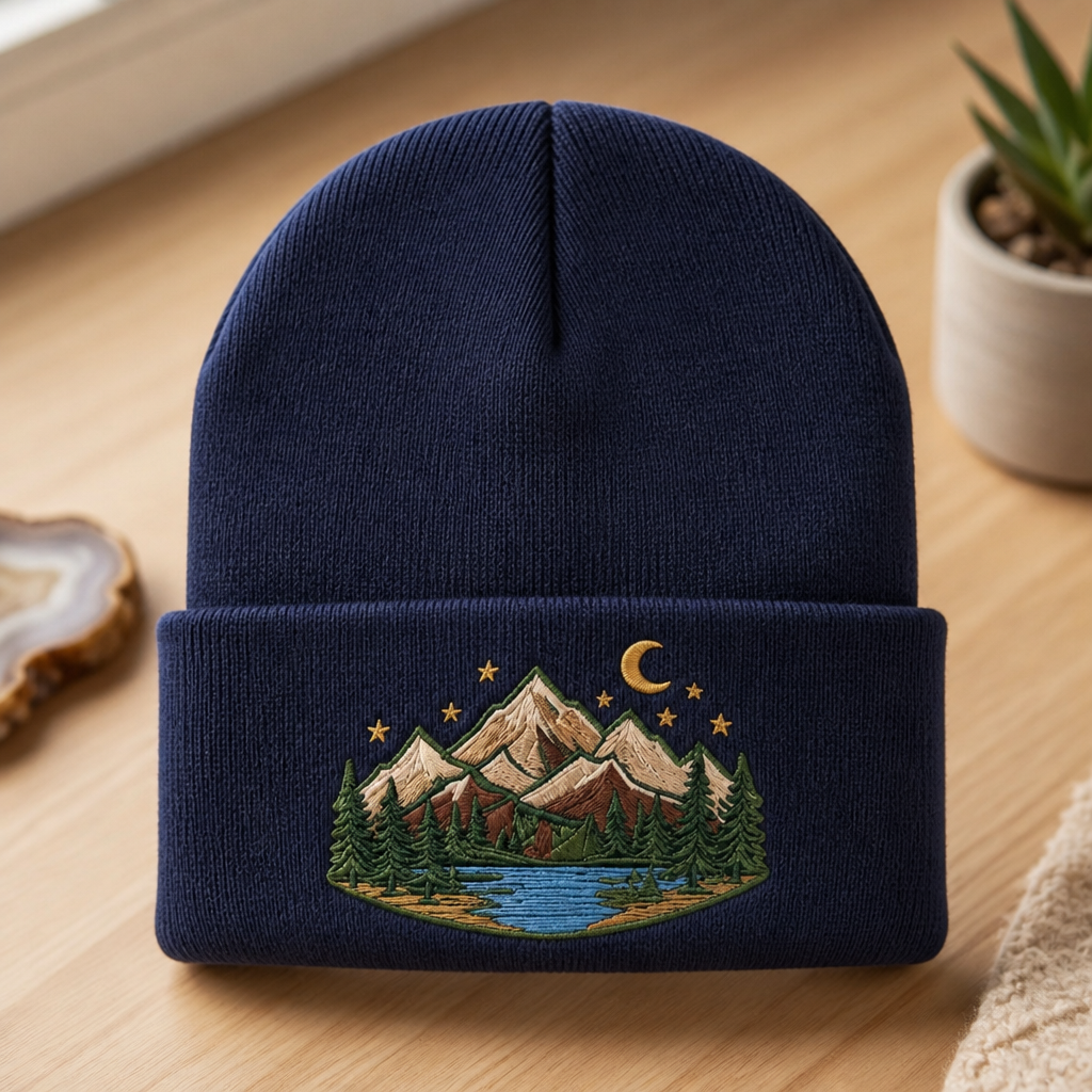 Mountain Lake Pine Trees Crescent Moon Stars Nature Landscape Embroidered Beanie