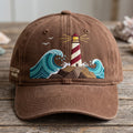 Personalized Lighthouse Ocean Waves Coastal Nautical Custom Name Embroidered Hat — Washed Hat