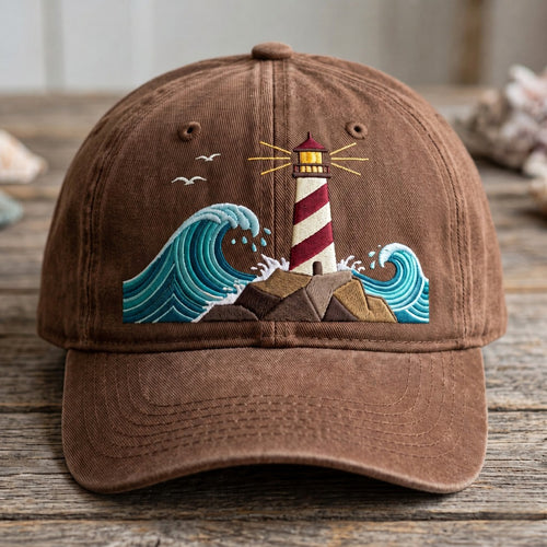Personalized Lighthouse Ocean Waves Coastal Nautical Custom Name Embroidered Hat — Washed Hat