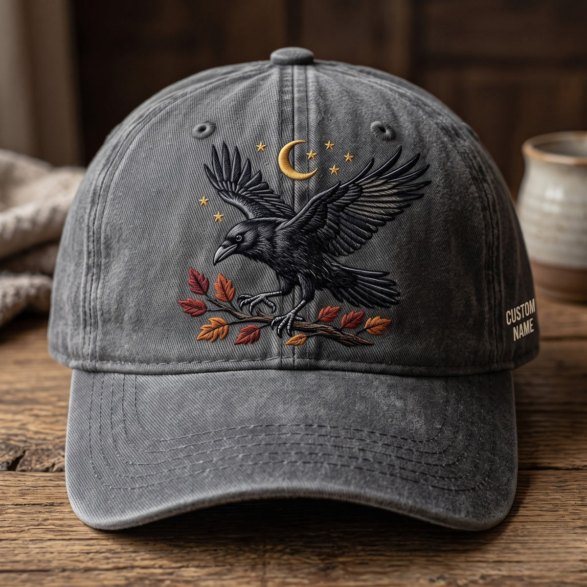 Personalized Raven Autumn Branch Crescent Moon Stars Embroidered Hat — Washed Hat