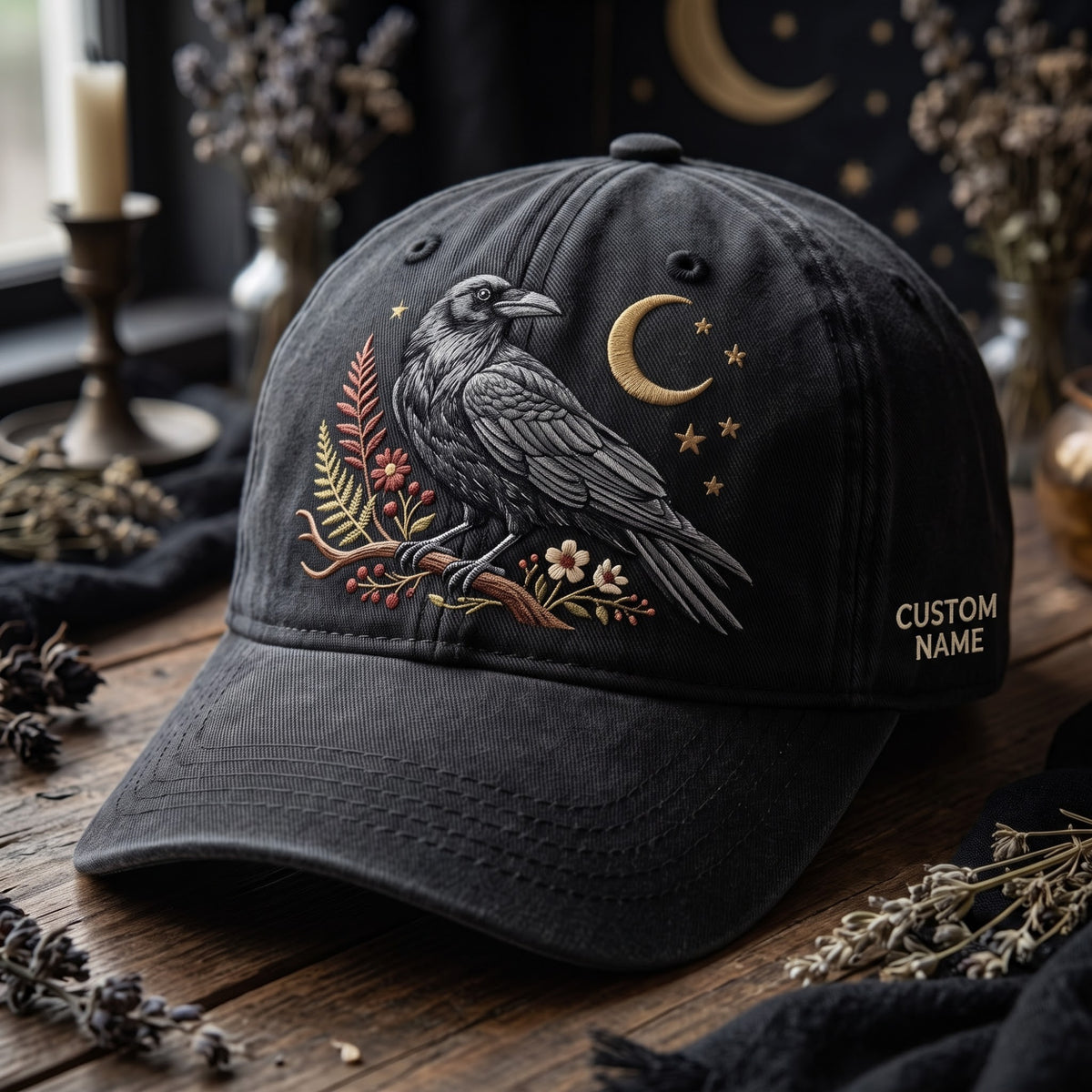 Personalized Raven Wildflowers Crescent Moon Stars Dark Cottagecore Embroidered Hat — Washed Hat