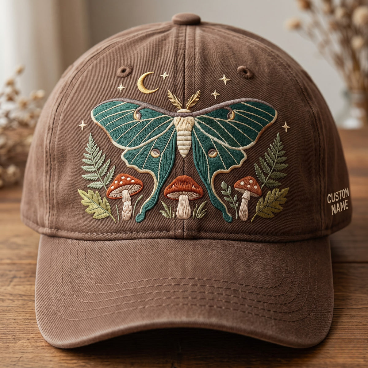Personalized Luna Moth Mushroom Fern Crescent Moon Stars Cottagecore Embroidered Hat — Washed Hat