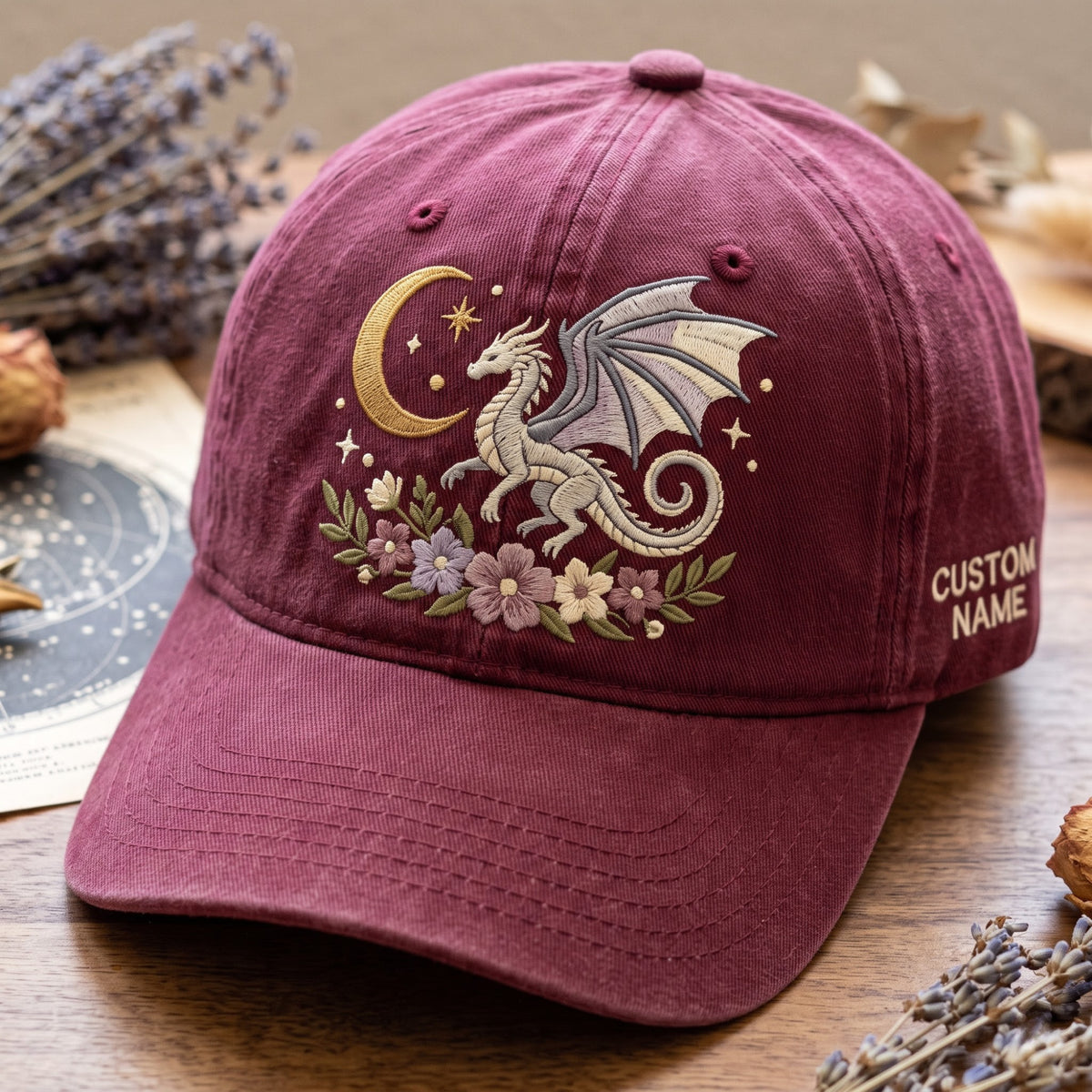 Personalized Floral Dragon Crescent Moon Stars Embroidered Hat — Washed Hat