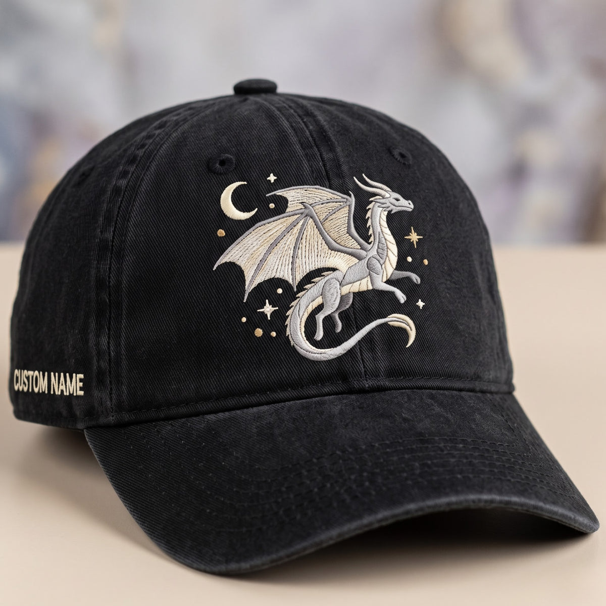 Personalized Mystical Dragon Moon Stars Fantasy Embroidered Hat — Washed Hat