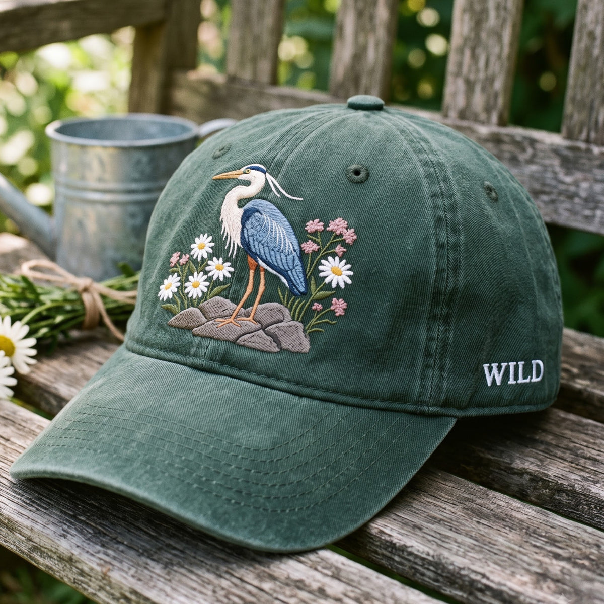 Great Blue Heron Wildflowers Daisy Botanical Nature Bird WILD Embroidered Hat — Washed Hat