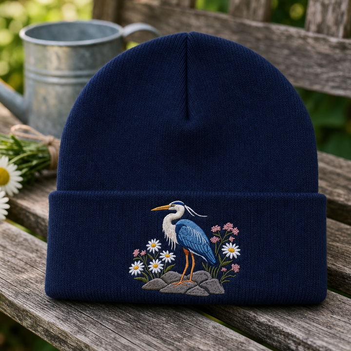 Great Blue Heron Wildflowers Daisy Botanical Nature Bird WILD Embroidered Beanie