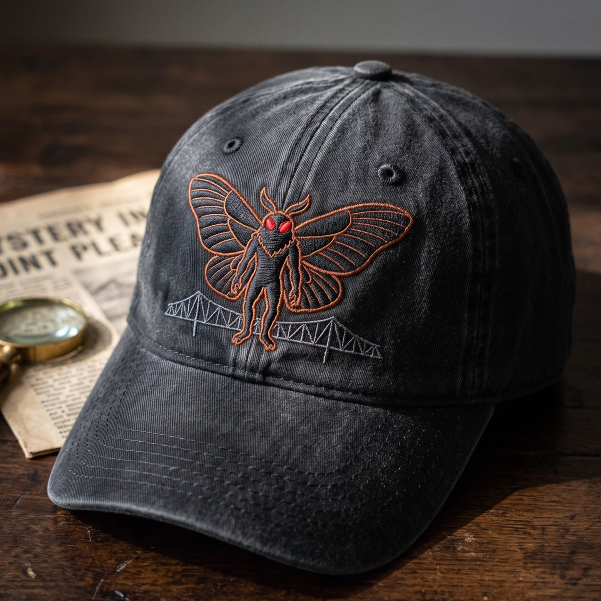 Mothman Bridge Cryptid Folklore Embroidered Hat — Washed Hat