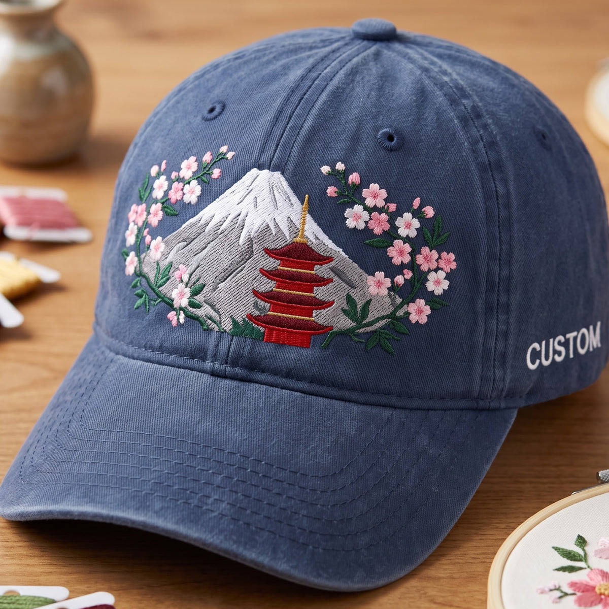 Personalized Mount Fuji Cherry Blossom Pagoda Japan Travel Embroidered Hat — Washed Hat