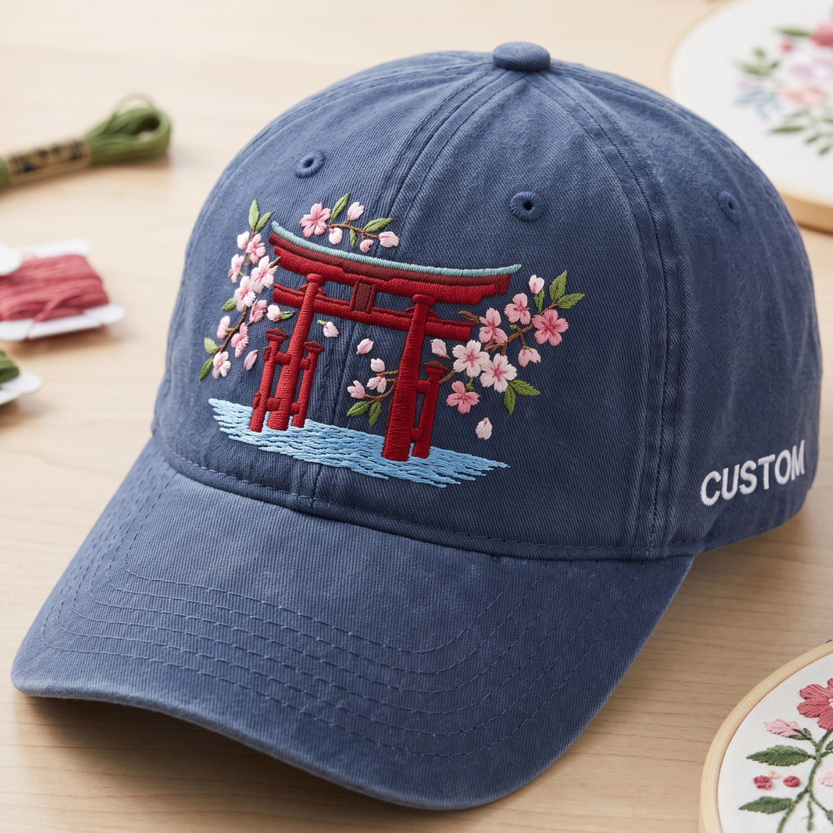 Personalized Torii Gate Cherry Blossom Japan Travel Embroidered Hat — Washed Hat