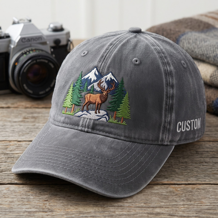 Personalized Elk Mountain Forest Pine Trees Wilderness Embroidered Hat