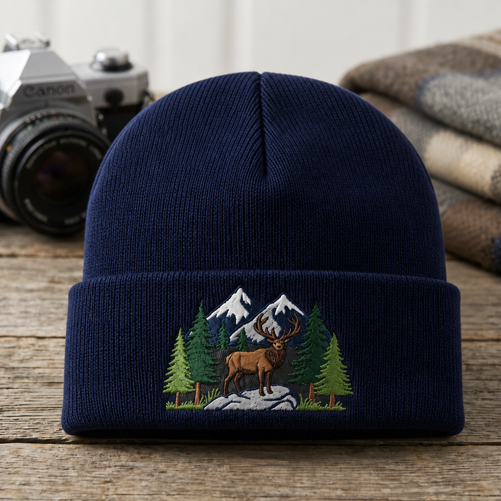 Personalized Elk Mountain Forest Pine Trees Wilderness Embroidered Beanie