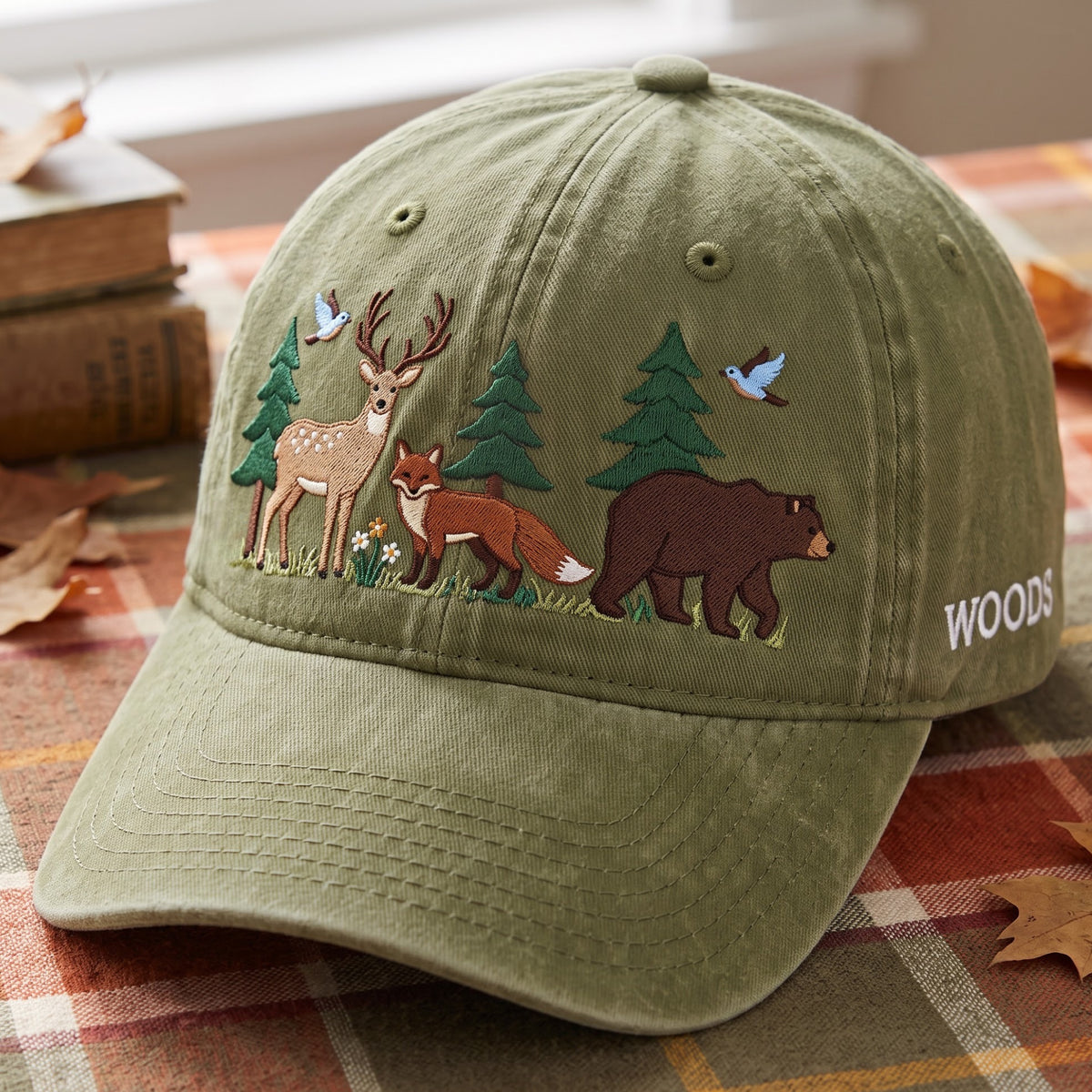 Woodland Animals Deer Fox Bear Birds Forest Nature Embroidered Hat — Washed Hat