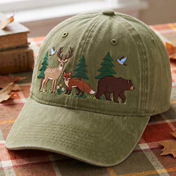 Woodland Animals Deer Fox Bear Birds Forest Nature Embroidered Hat — Washed Hat