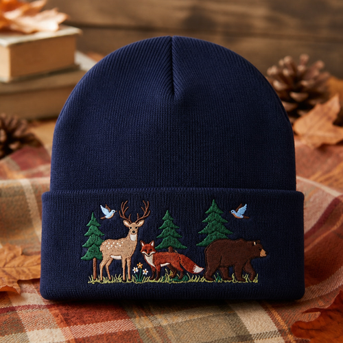 Woodland Animals Deer Fox Bear Birds Forest Nature Embroidered Beanie