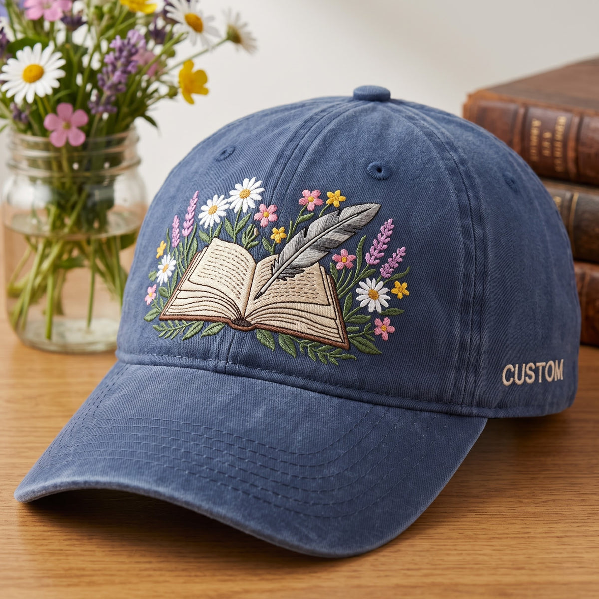 Personalized Wildflower Book Quill Pen Floral Botanical Reader Embroidered Hat — Washed Hat