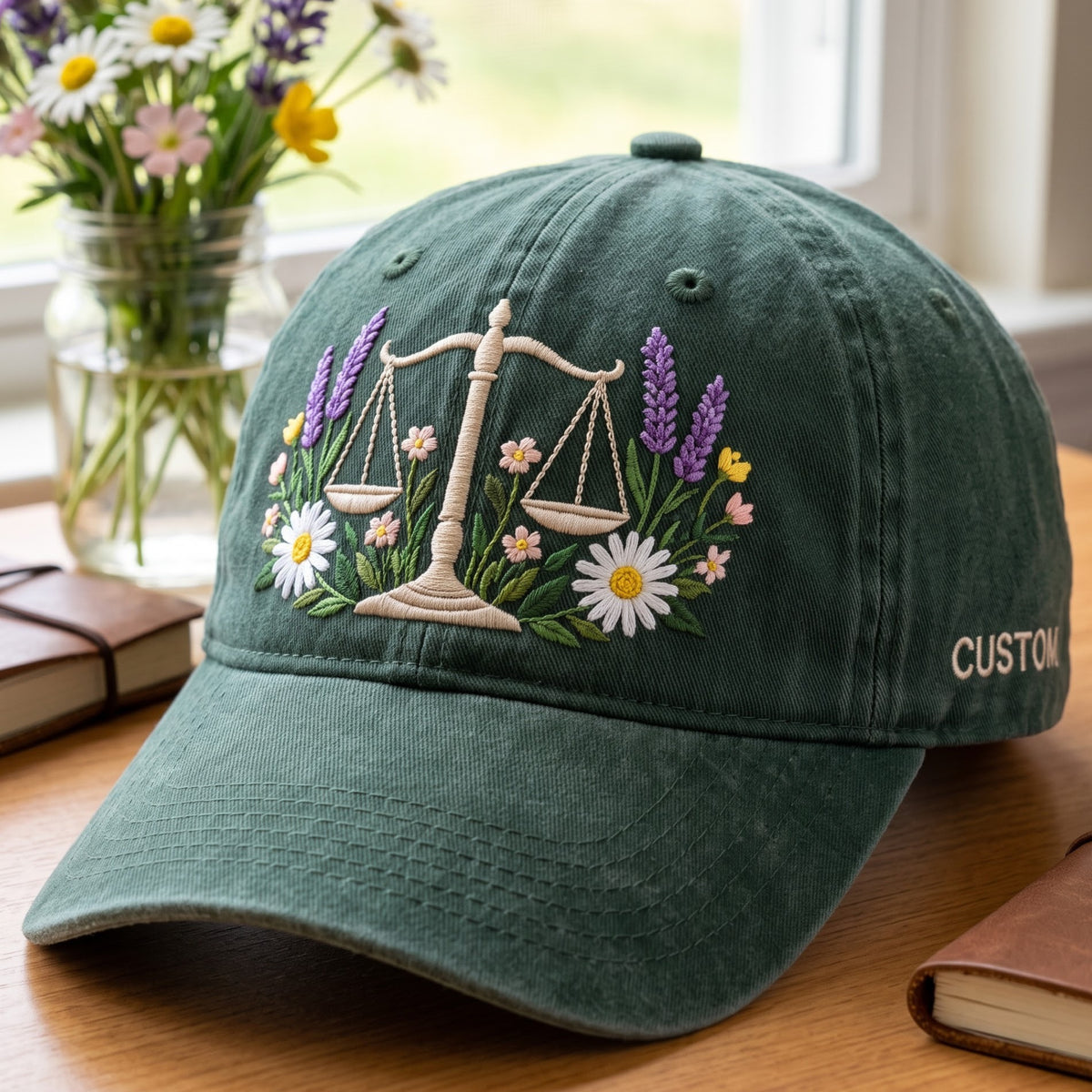 Personalized Scales of Justice Wildflower Floral Botanical Law Embroidered Hat — Washed Hat