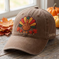 Personalized Thanksgiving Turkey Fall Leaves Acorns Embroidered Hat — Washed Hat