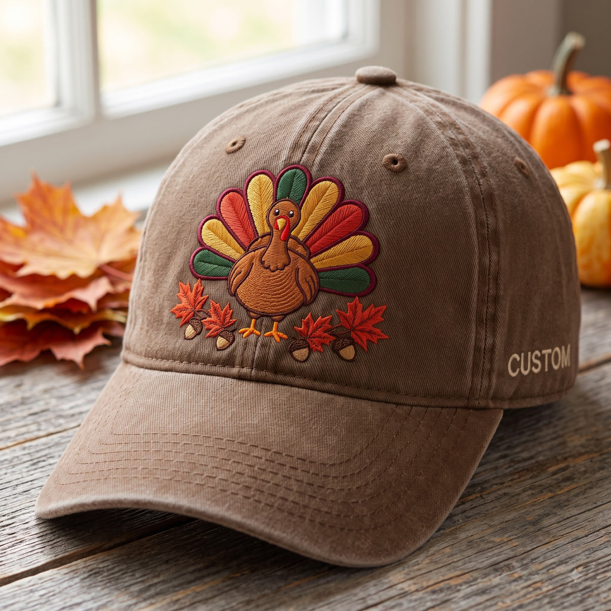 Personalized Thanksgiving Turkey Fall Leaves Acorns Embroidered Hat — Washed Hat