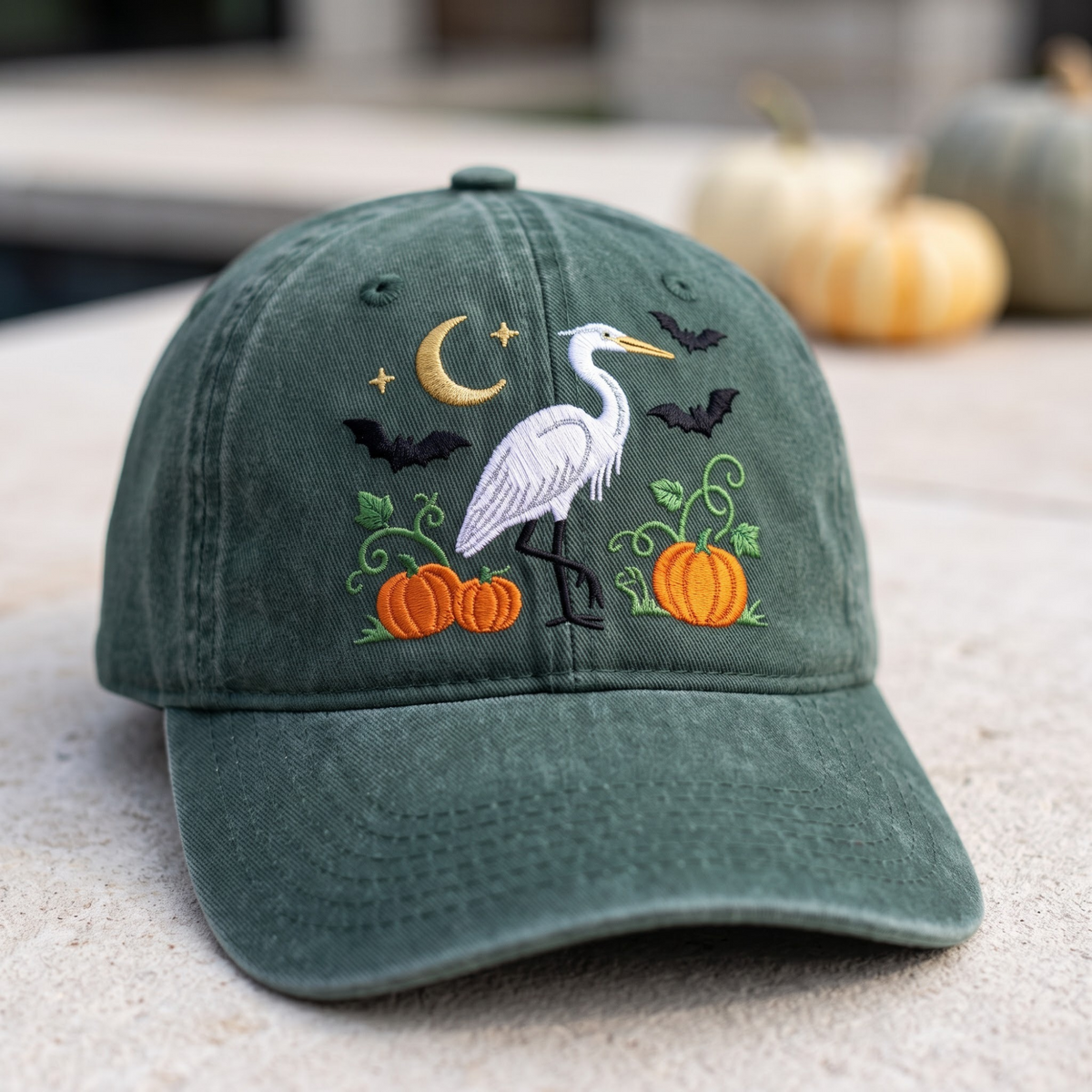 Halloween Great Egret Pumpkins Bats Crescent Moon Stars Embroidered Hat — Washed Hat
