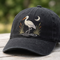 Great Egret Crescent Moon Marsh Cattails Reeds Embroidered Hat — Washed Hat