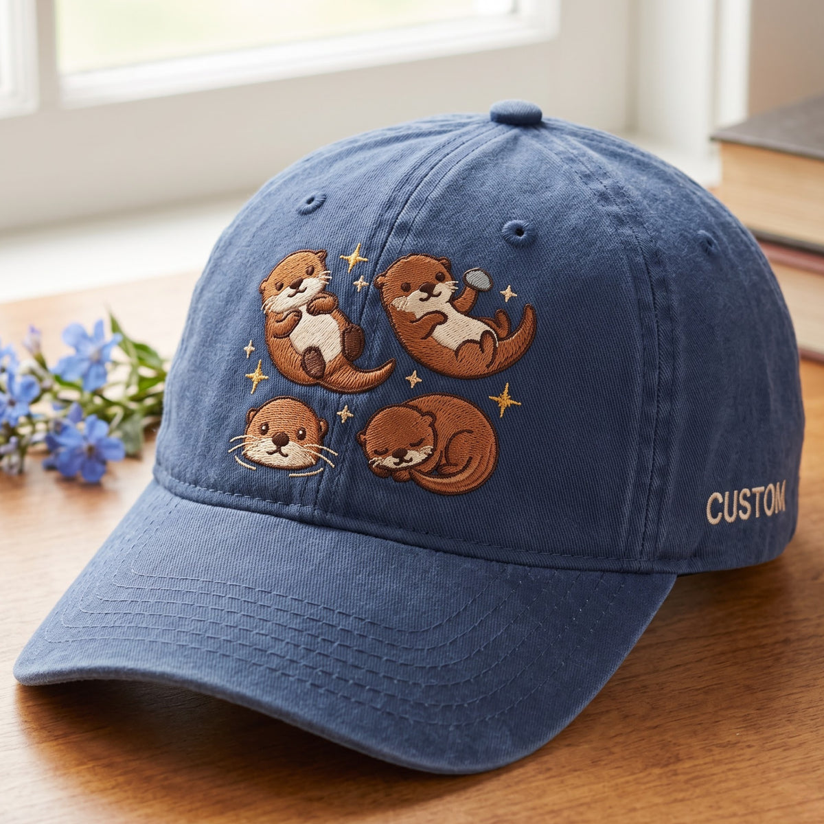 Personalized Cute Sea Otter Four Poses Stars Embroidered Hat — Washed Hat