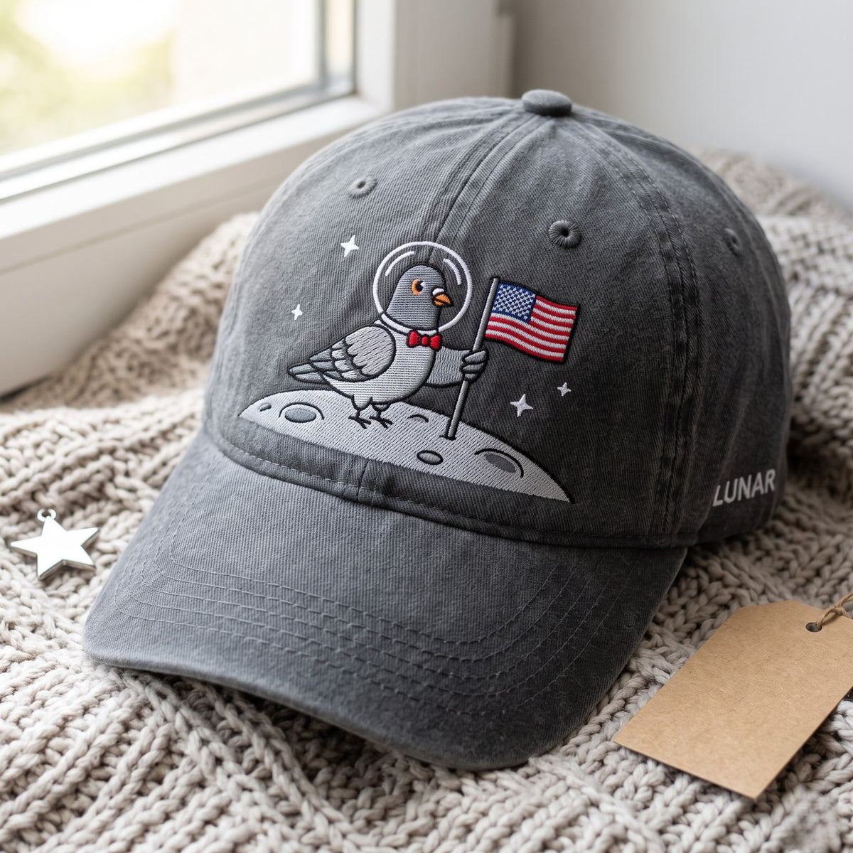 Space Pigeon Astronaut American Flag Moon Landing Embroidered Hat — Washed Hat