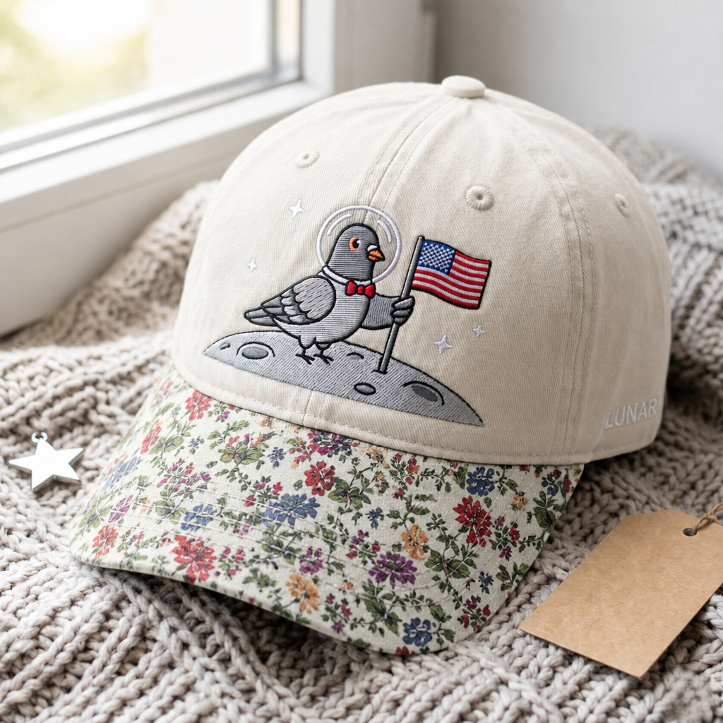 Space Pigeon Astronaut American Flag Moon Landing Embroidered Floral & Leopard Brim Hat