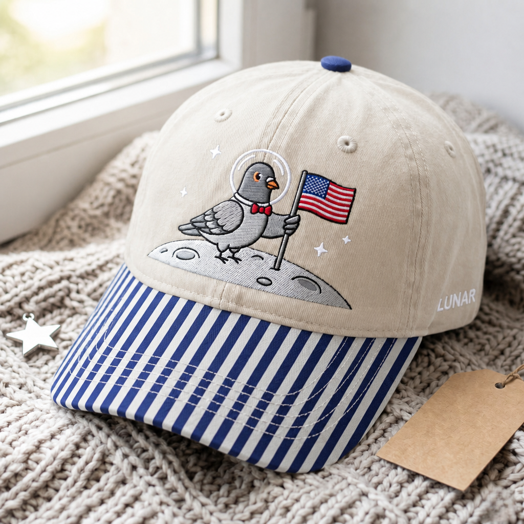 Space Pigeon Astronaut American Flag Moon Landing Embroidered Gingham & Stripe Brim Hat