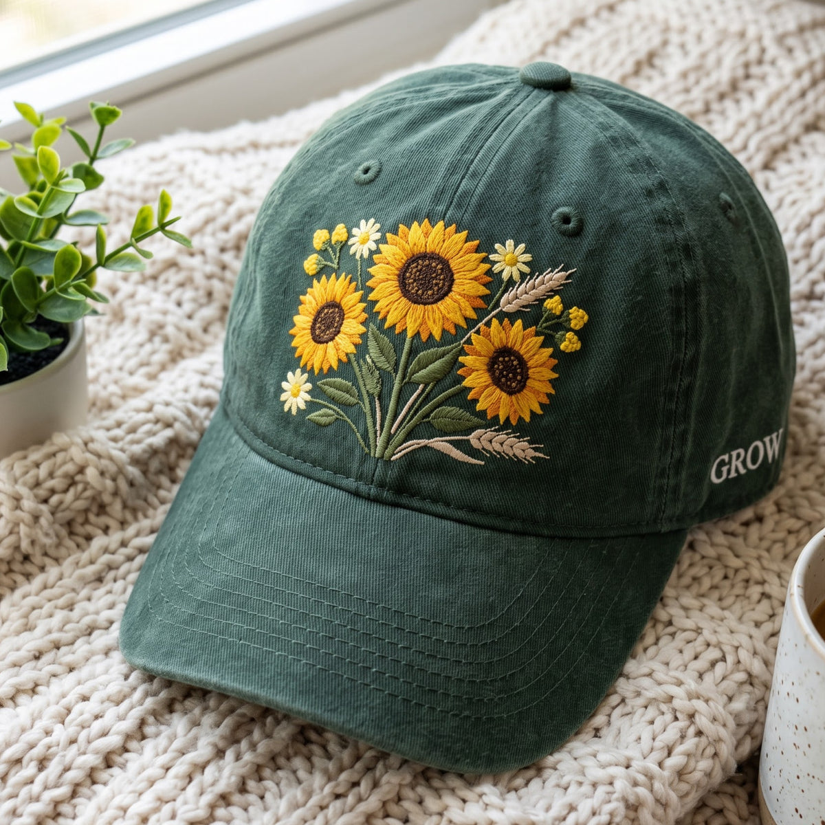 Sunflower Garden Botanical Bouquet Wildflower Wheat Daisy Embroidered Hat — Washed Hat