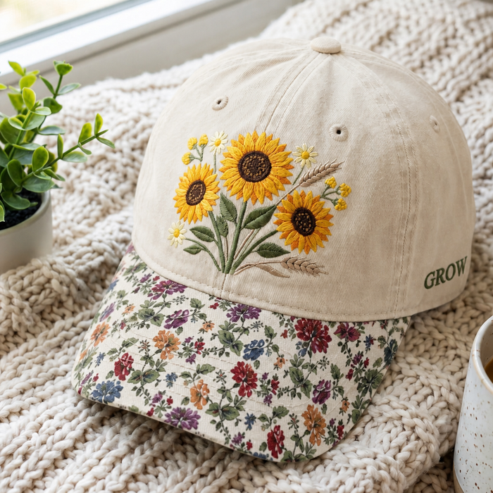 Sunflower Garden Botanical Bouquet Wildflower Wheat Daisy Embroidered Floral & Leopard Brim Hat