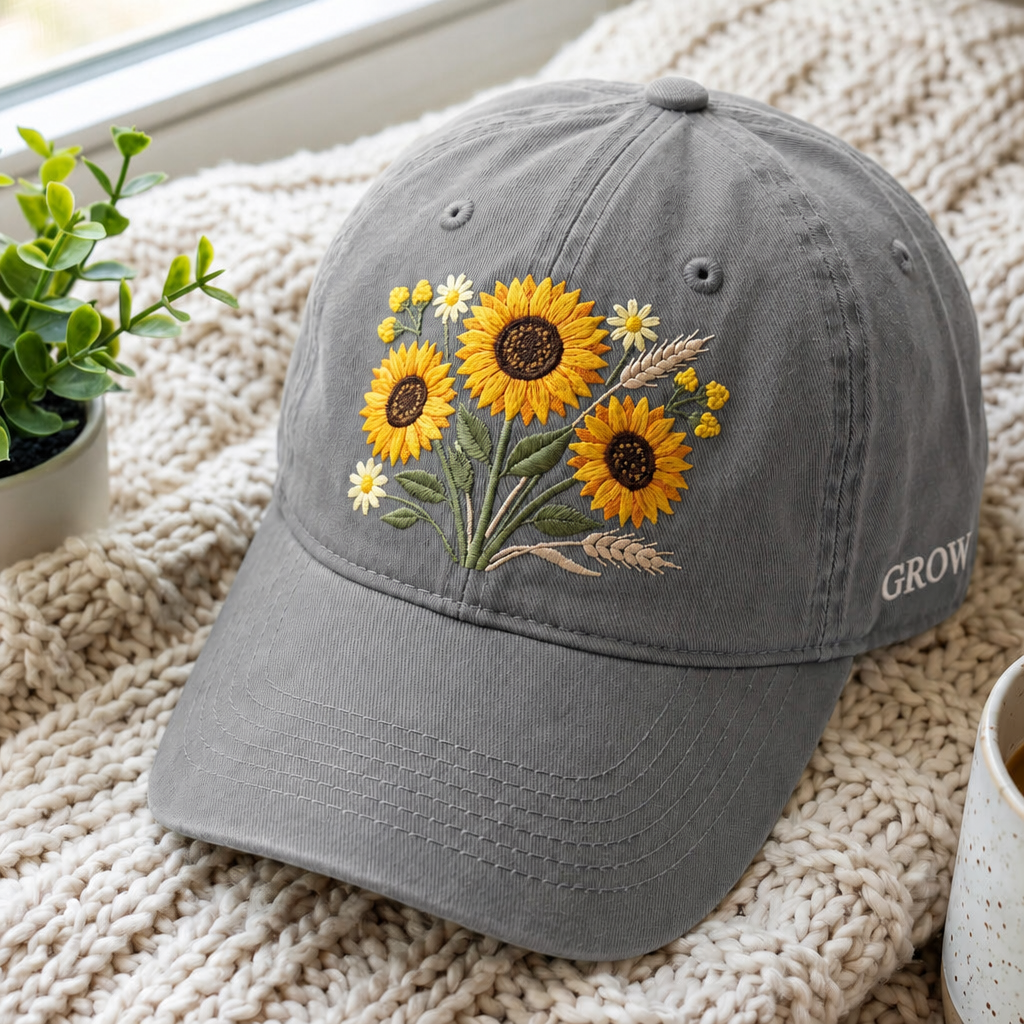 Sunflower Garden Botanical Bouquet Wildflower Wheat Daisy Embroidered Hat