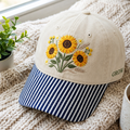 Sunflower Garden Botanical Bouquet Wildflower Wheat Daisy Embroidered Gingham & Stripe Brim Hat