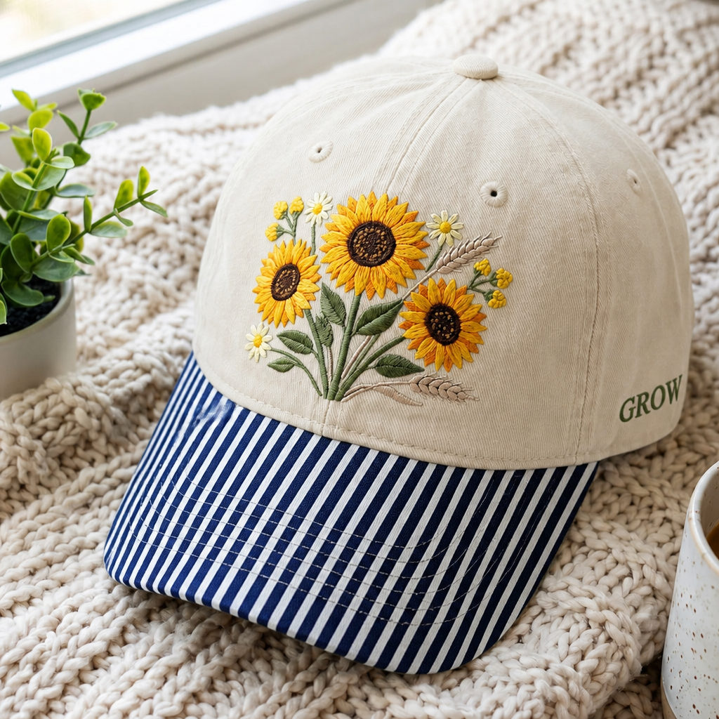 Sunflower Garden Botanical Bouquet Wildflower Wheat Daisy Embroidered Gingham & Stripe Brim Hat