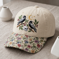Two Ravens Skull Crescent Moon Botanical Branches Halloween Embroidered Floral & Leopard Brim Hat