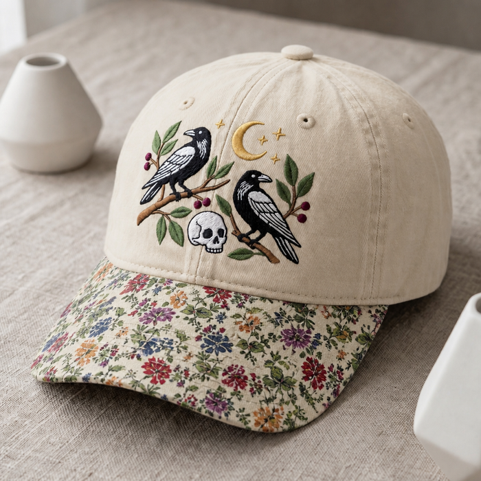 Two Ravens Skull Crescent Moon Botanical Branches Halloween Embroidered Floral & Leopard Brim Hat