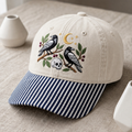 Two Ravens Skull Crescent Moon Botanical Branches Halloween Embroidered Gingham & Stripe Brim Hat