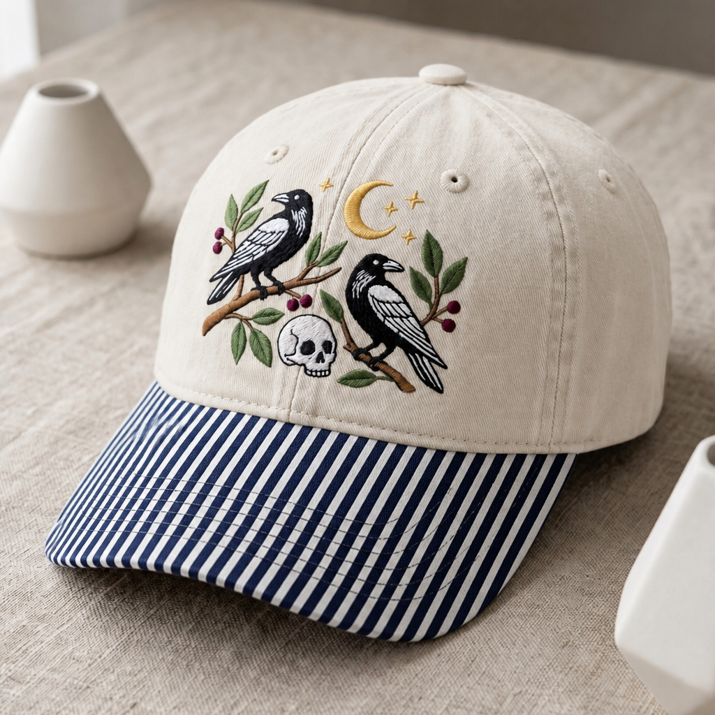 Two Ravens Skull Crescent Moon Botanical Branches Halloween Embroidered Gingham & Stripe Brim Hat