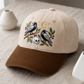 Two Ravens Skull Crescent Moon Botanical Branches Halloween Embroidered Two-Tone Hat
