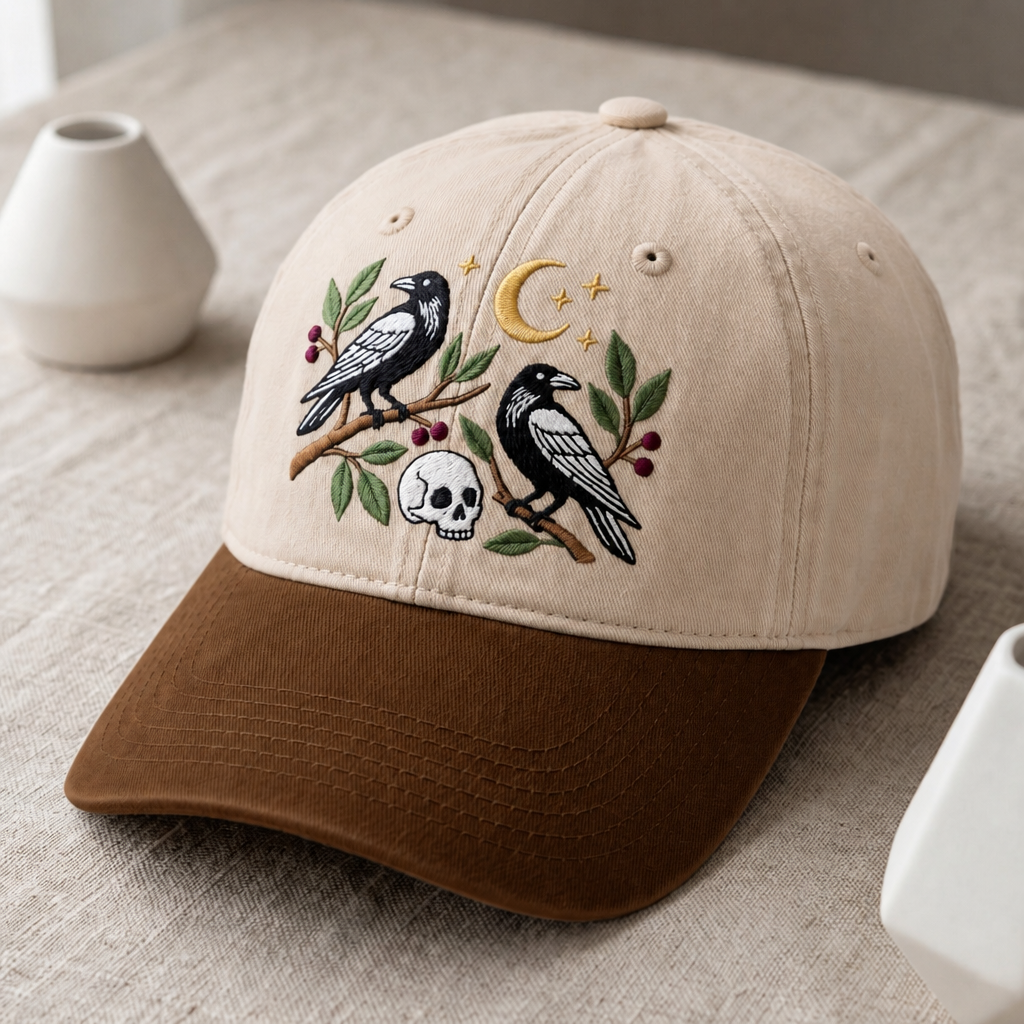 Two Ravens Skull Crescent Moon Botanical Branches Halloween Embroidered Two-Tone Hat