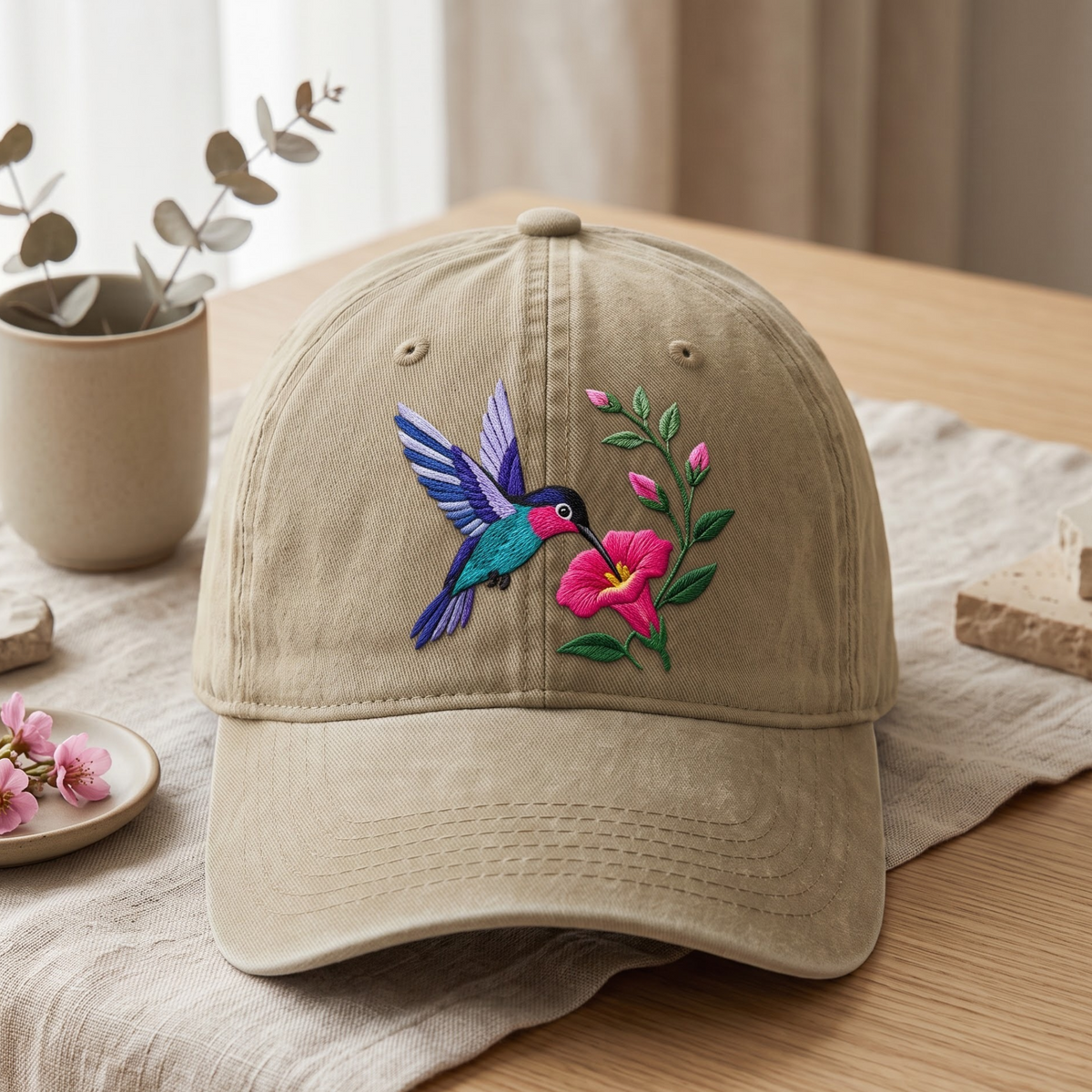 Hummingbird Hibiscus Flower Nature Embroidered Hat — Washed Hat