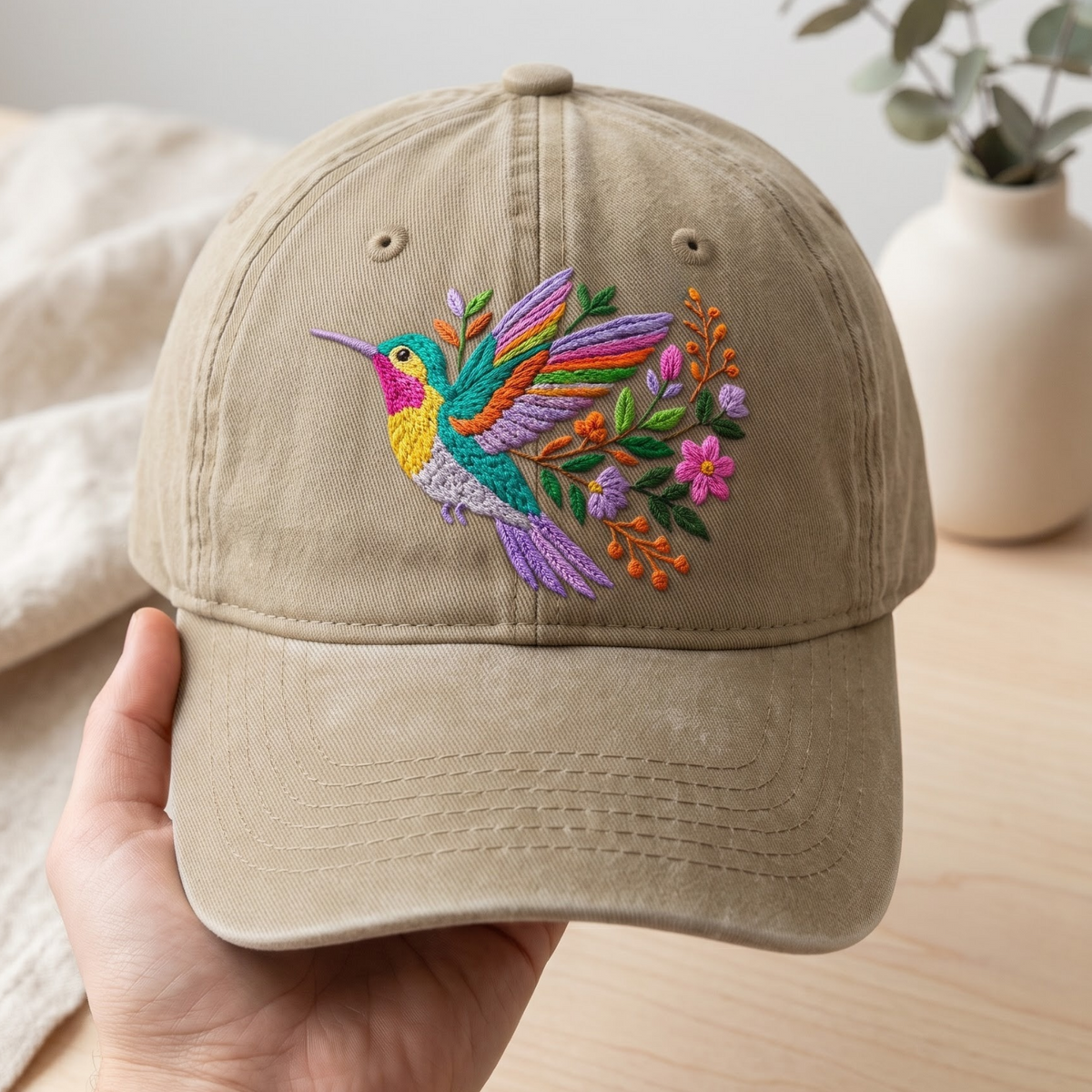 Hummingbird Colorful Wildflower Floral Nature Embroidered Hat — Washed Hat